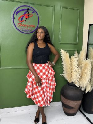 Red Gingham Tiered Midi Skirt